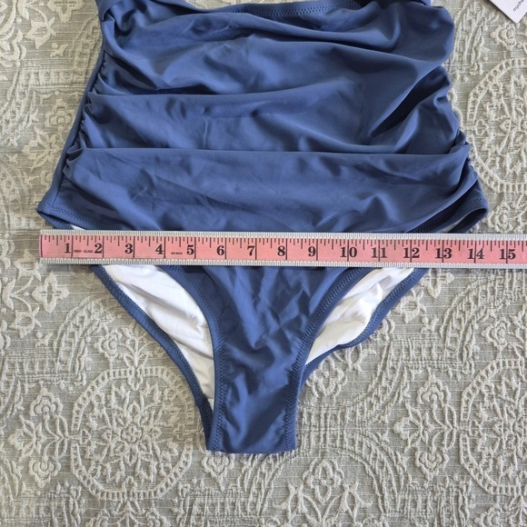 Charmo Blue Twist Front Cutout Ruched One Piece Swimsuit UPF 50+ NWT Small - Picture 2 of 6